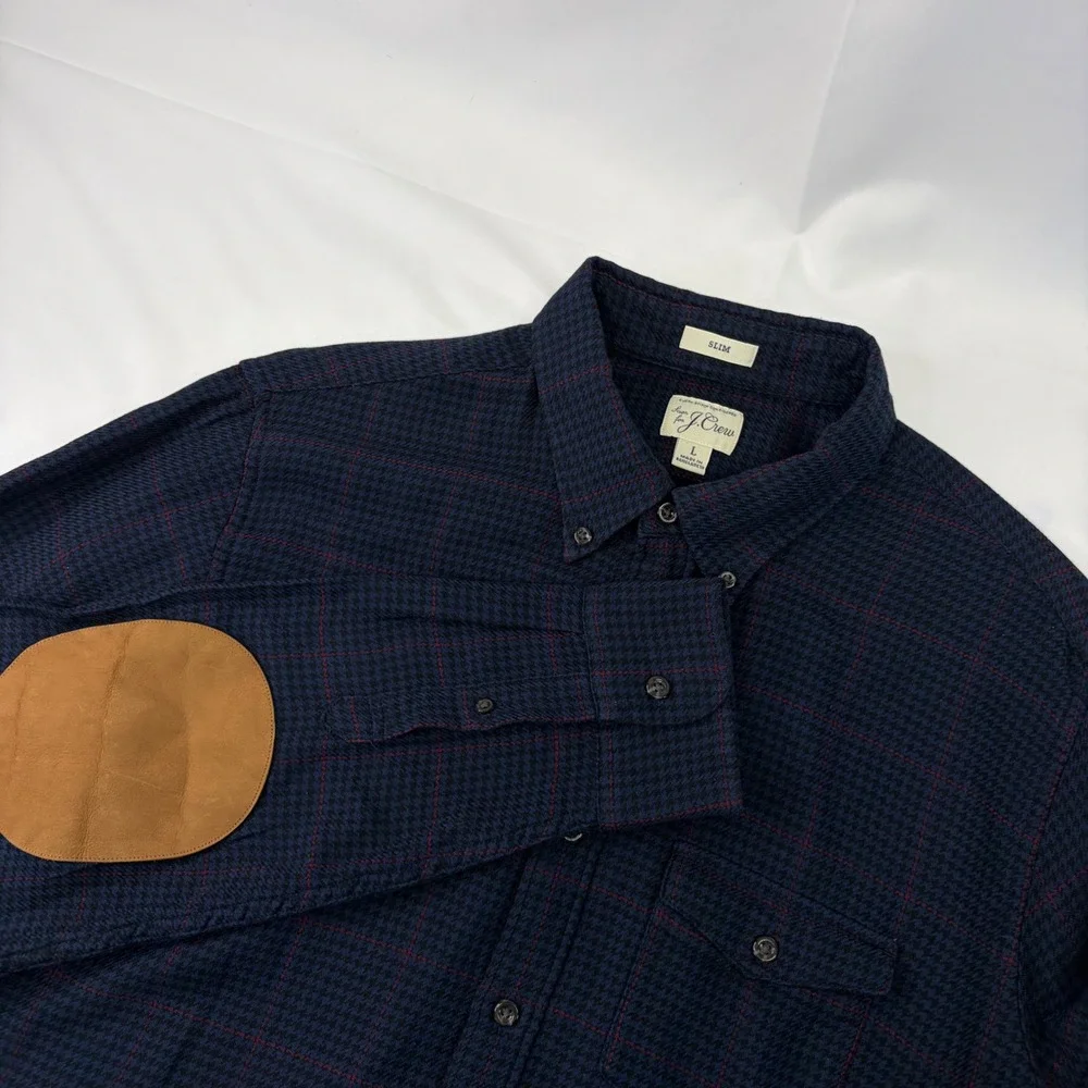 J Crew Mens Cotton Wool Flannel Shirt Elbow Patches Slim Large Blue Heritage Dad
